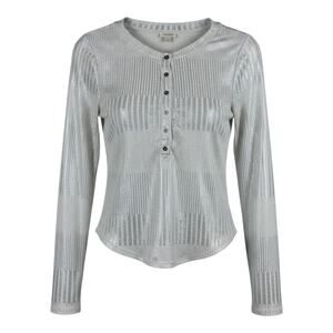Pilcro silver metallic ribbed knit henley top with long sleeves button placket s
